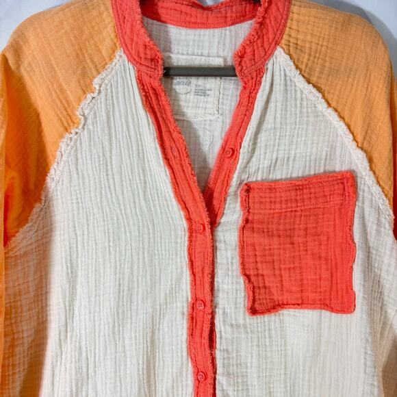 Aerie Pool-to-Party Gauze Cover-Up Shirt Orange & Cream Lightweight Beach Small - Picture 4 of 5
